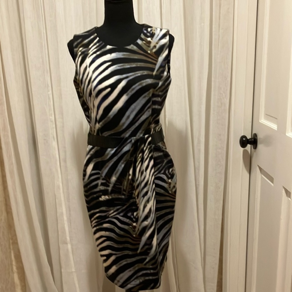 CK Sheath Dress with PU leather detail.